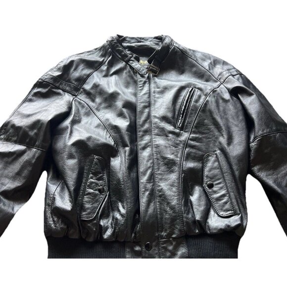 Vintage Reed Leather Black Motorcycle Plaid Lined Jacket Men’s Sz Large 48 - Picture 1 of 16